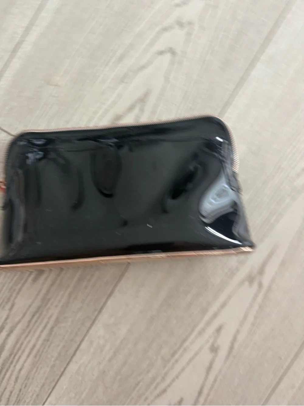 Ted Baker Black Patent Cosmetic Pouch with White Bow and Rose Gold Trim